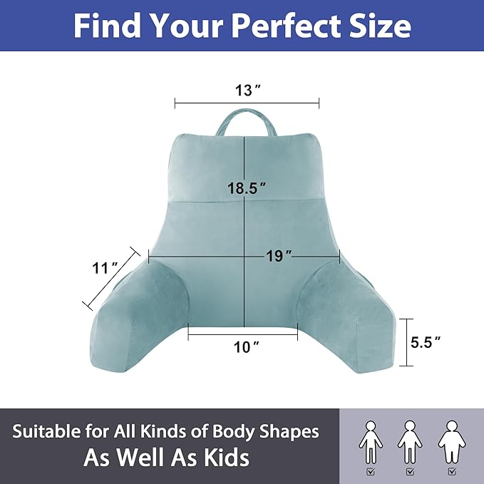 IPYNBAP Back Pillow for Bed Sitting up, Reading Pillow for Sitting in Bed Adult, Back Support Pillow, Memory Foam Sit up Lounge Backrest Pillow with Arms for TV, Couch, Chair, Dorm, 18 Inch, Lake Blue
