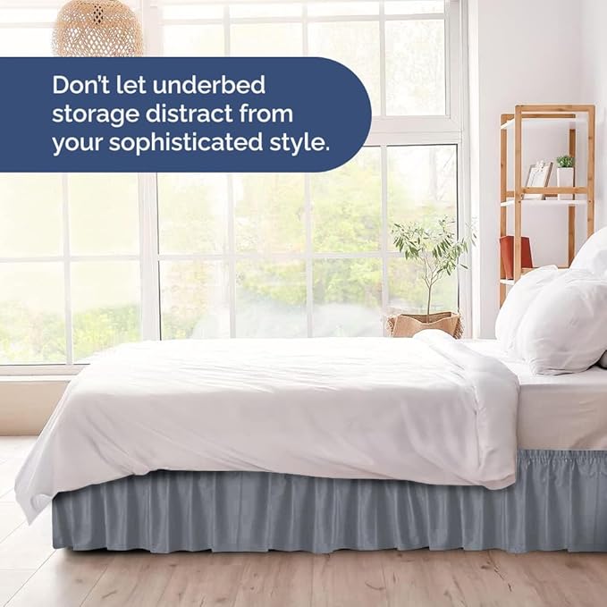 Wrap Around Dust Ruffle Bed Skirt - Steel Blue - for Full Size Beds w/ 12 Inch Drop - Easy Fit Elastic Strap - Adjustable Pleated Bedskirt w/Brushed Fabric - Wrinkle Free, Women, Men, Kids & Teens