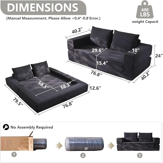 79'' Convertible Sleeper Sofa Bed, 3-in-1 Foldable Floor Couch with Corduroy Upholstery, No Assembly Loveseat, Light Brown Lounge Mattress for Living Room, Studio, Guest Room (Black)