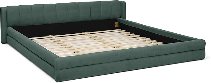 DEINPPA King Size Bed Frame with Cloud Soft Headboard, Chenille Upholstered Grounded Wood Base Bed Frame, No Box Spring Needed-Blue+Green