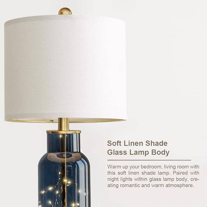 Oneach 22" Glass Table Lamps Set of 2, Blue Modern Bedside Lamp with LED Night Light for Living Room, Nightstand Lamp with USB Ports for Bedrooms, Study Room, End Table(2 Bulbs Included)