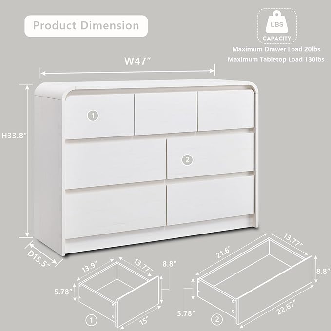 Modern 7 Drawers Dresser for Bedroom, 47" Wide Wood Dressers & Chests of Drawers w/Curved Profile Design, Mid Century Modern Dresser w/Natural Texture for Bedroom, Living Room,Antique White