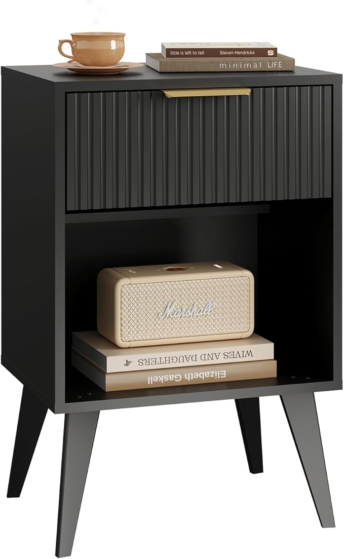 Fluted Night Stand with Opening Storage,Mid Century Bedside Table with Drawer,Black Nightstand with Wood Legs,End Table Side Table for Living Room,Bedroom,11.8" Dx15.7 Wx 25.2" H CTG56BK