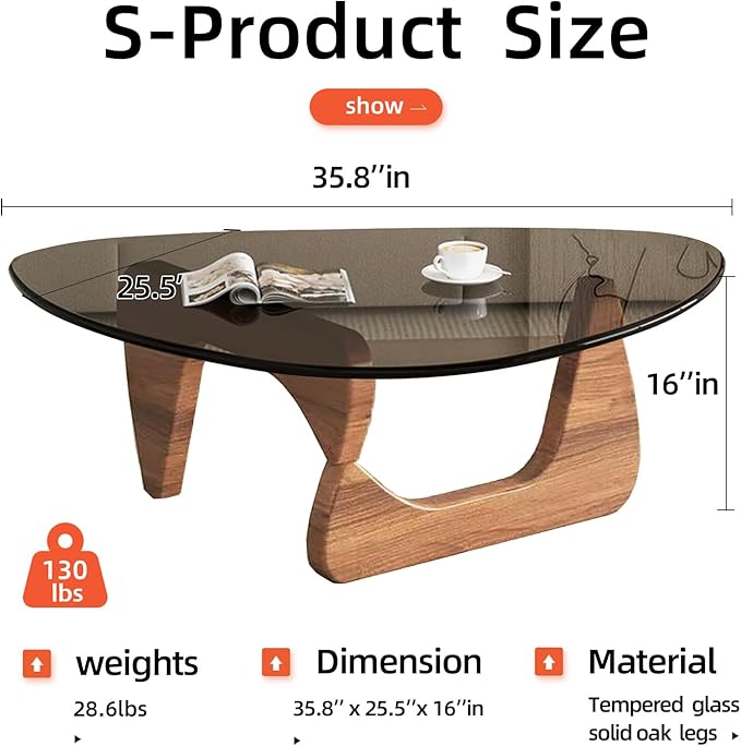 Mid Century Modern Glass Coffee Table, Coffee Table for Living Room, Brown Glass Coffee Tables,Suitable for Bedroom Living Room Reception Office Tables (Walnut/Grey, Medium 35.8 * 25.5 * 16in)