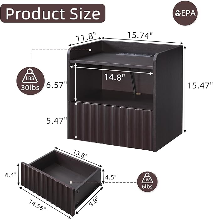 Modern Fluted Floating Nightstand Wall Mounted Set of 2- Bedside Table with Storage Drawer & Display Shelf, Minimalist Bedroom Furniture for Studio Apartments(Espresso)