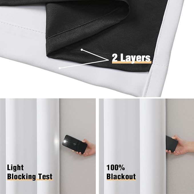 ChrisDowa White 100% Blackout Curtains for Bedroom with Black Liner, 2 Thick Layers Total Blackout Thermal Insulated Grommet Window Curtains 2 Panels Set (Pure White, 52 x 54 Inch)