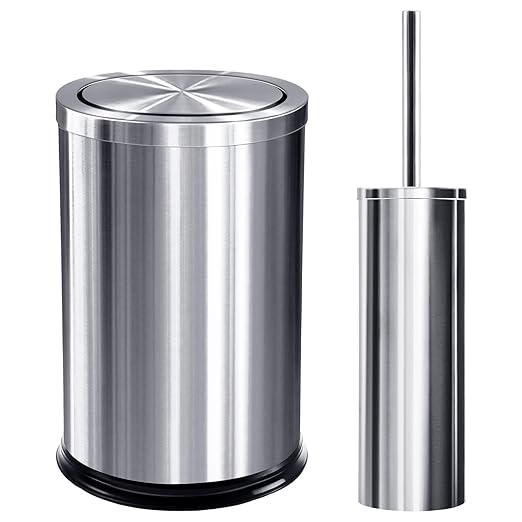 Maxdot 2 Pcs Silver Bathroom Trash Can with Flipping Lid 2.4 Gallon/9 L and Toilet Brush Set, Small Stainless Steel Garbage Trash Can Toilet Cleaner Brush Wastebasket Bin for Bathroom Bedroom Office