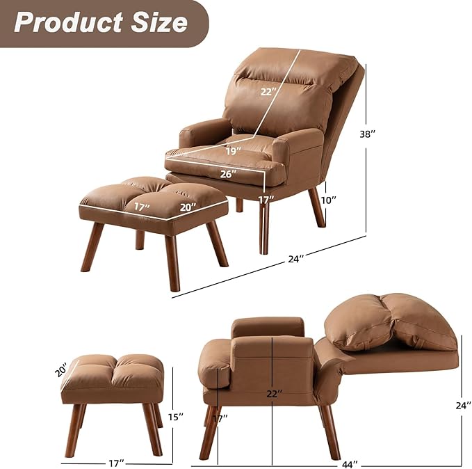 INZOY Accent Chairs with Ottoman, Velvet Fabric Armchair with Ottoman for Bedroom Living Room, Mid Century Modern Chair with Adjustable Backrest and Side Pockets, Camel