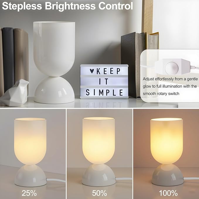 8.9" Modern Glass Table Lamp for Living Room, Dimmable Desk Lamps for Bedroom, UL Listed Nightstand Lamp with Dome Base, End Table Lamps for Home, Side Tables, College Dorm, Office, Glossy White