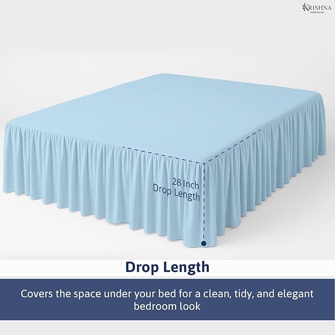 KRISHNA Ruffled Bed Skirt with Split Corners Twin, 100% Microfiber Hotel Quality, 28 Inch Drop Dust Ruffle Gathered Bedskirt with Platform, 39" x 75", Light Blue