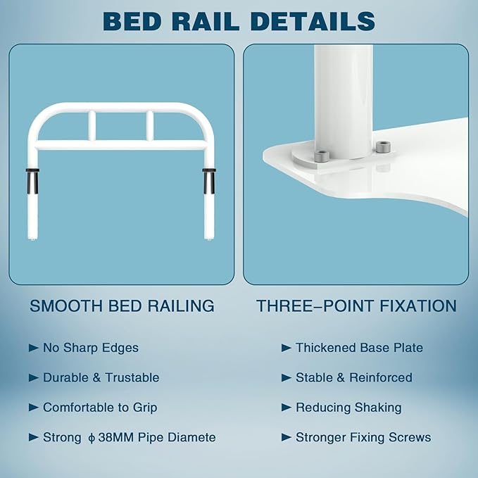 THOOUM Bed Rail for Elderly Adults Safety, Heavy Duty Bed Rail with 6 Adjutsable Heights, Bed Assist Rail for Seniors, Twin, Queen, King Size Bed (400 LBS Loading, White)