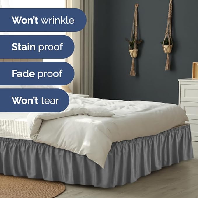 Wrap Around Dust Ruffle Bed Skirt - Dark Grey - for King Size Beds w/ 14 Inch Drop - Easy Fit Elastic Strap - Adjustable Pleated Bedskirt with Brushed Fabric, Wrinkle Free Women, Men, Kids and Teens