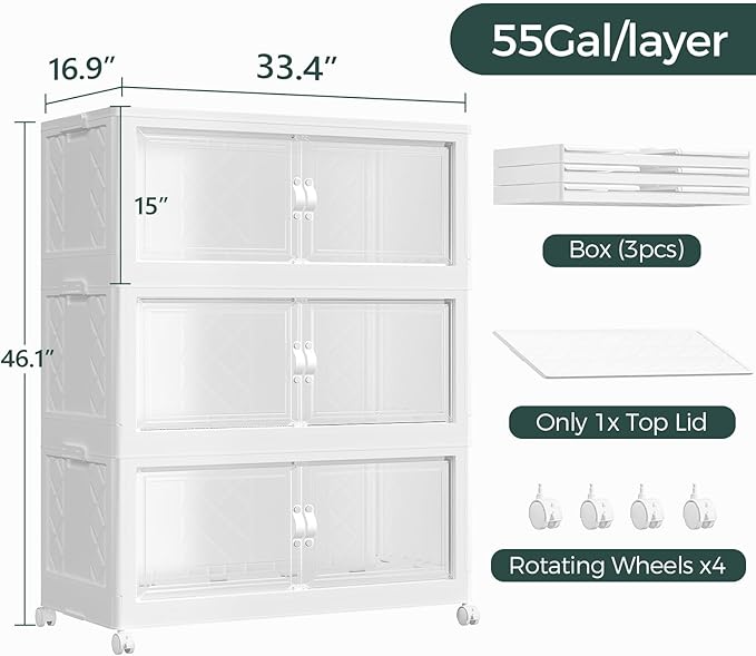 660QT Extra Large Stackable Storage Bins with Lid, 165Gal Collapsible Storage Box with Wheels and Doors, Plastic Closet Organizers and Storage Cabinet for Home Kitchen Office Dorm, 3Pack White