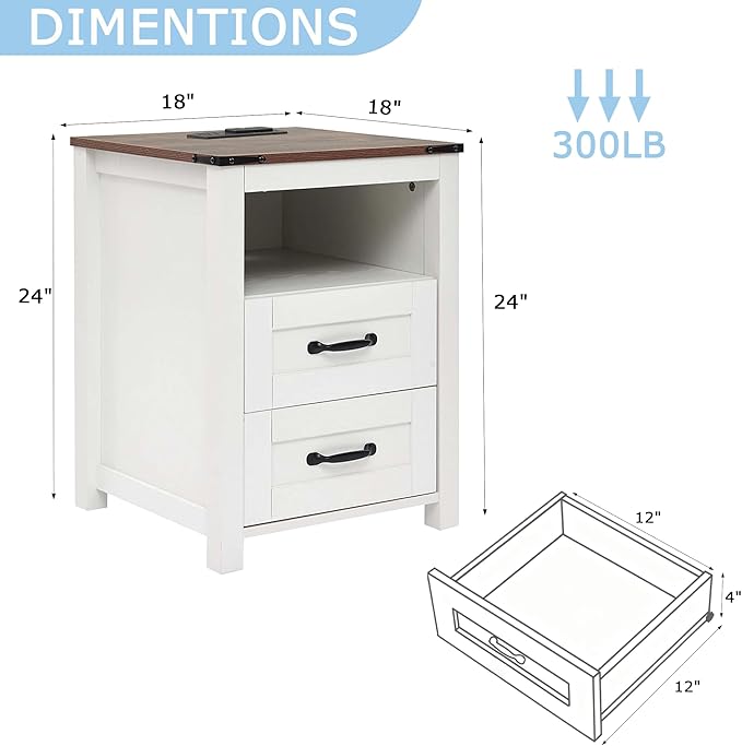 Puntogen White Night Stand Set of 2, Rustic End Table with Charging Station, Farmhouse Tall Nightstand for Bedroom, Drawer Dresser Bedside Table with Open Storage Shelf