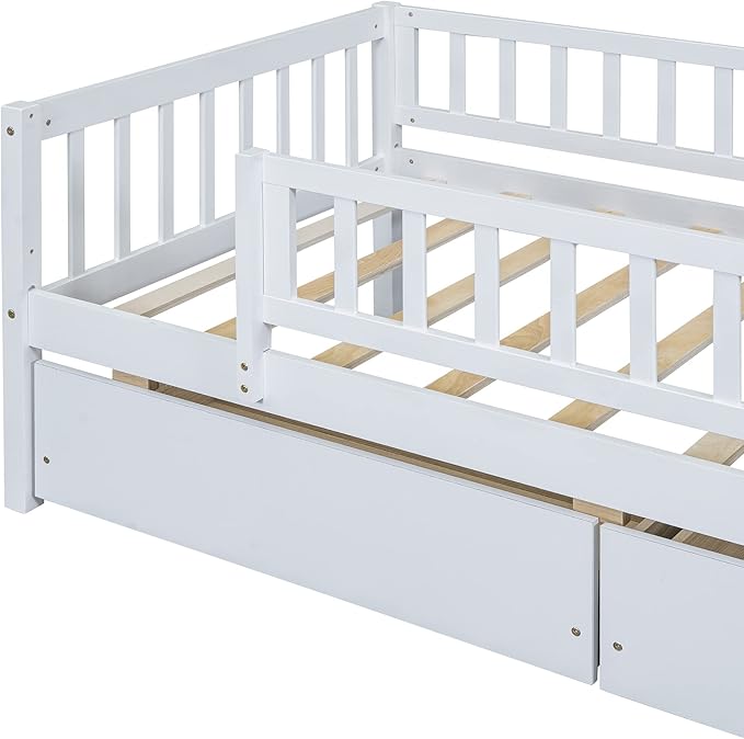Bellemave Twin Bed Frames with Rails for Kids, Twin daybed Frame with Drawers for Boys/Girls/Adults，White