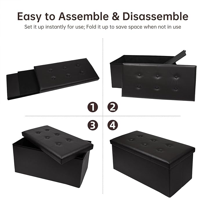 xupersodys 30 Inches Folding Storage Ottoman Bench, Faux Leather Footstool Ottoman, Storage Trunk Footrest for Bedroom, Living Room and Hallway, Support 350lbs, Black（Black line）