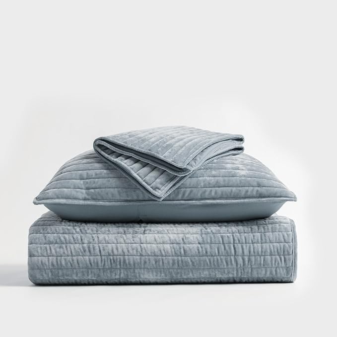 EVERGRACE Velvet Quilt Set Queen Size, Luxurious Soft Striped Channel Bedding Set, Lightweight Velvet Comforter for All Season, Oversized Bedspread Coverlet with 2 Matching Shams, Blue Linen