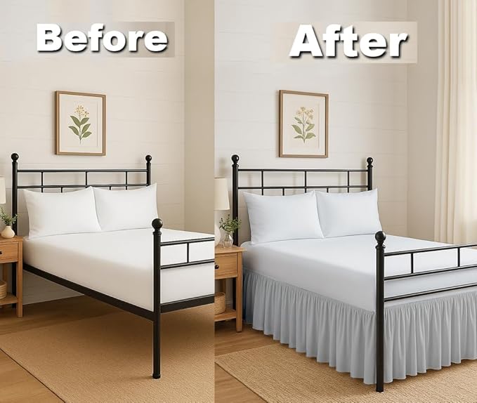 Ruffled Bed Skirt Split Corners with Platform, Tailored Fit Hotel Quality Wrinkle Free Ultra-Soft Microfiber Dust Ruffle, Upto 28 Inch Drop, Full XL, Light Grey
