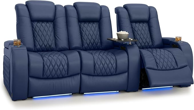 Seatcraft Diamante Zero-Gravity CoolZero Italian Leather Home Theater Seating, Power Headrest, Power Recline, Row of 3 Left Loveseat, Navy Blue