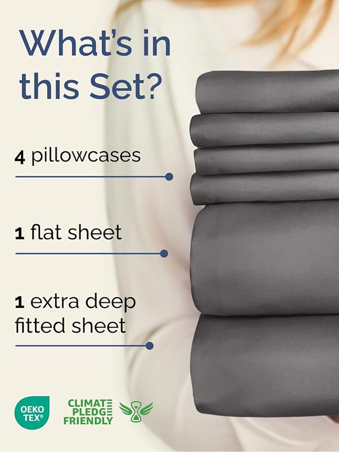 Extra Deep King Sheet Set - 6 Piece Breathable and Cooling Sheets - Hotel Luxury Bed Sheets Set - Easy & Secure Fit - Soft, Wrinkle Free and Comfy Sheets Set - Grey Sheet Set with Extra Deep Pockets