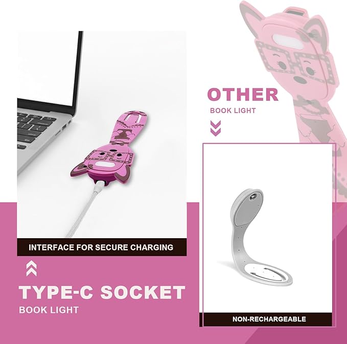 Rechargeable Book Light for Kids at Night – Portable Clip-On LED Light with Dimmable Brightness Ideal for Kids & Adults, Bedtime & Travel–Eye-Caring, Flexible, Gift for Book Lovers,Pink