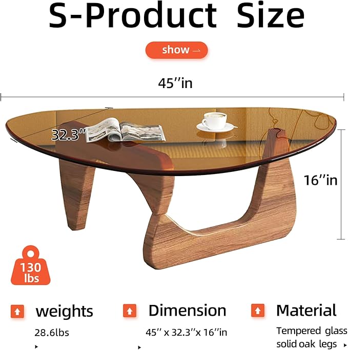 Glass Coffee Table, Mid Century Modern Coffee Table, Coffee Table for Living Room Center Table Suitable for Bedroom Living Room Reception Office Tables (Walnut/Brown, Large)