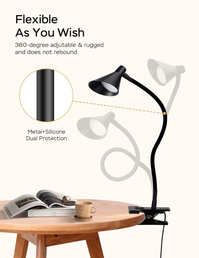 Clip on Light USB Reading Light, Eye Care Dimmable Reading Lamp 3 Color & 10 Brightness Levels Flexible Gooseneck Clip on Lamp for Bed Headboard Desk Bedside Dorm - Black