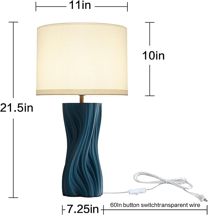 Modern Plug in Textured Table Lamps 21.5In Blue Ceramic Table Lamp Bedroom