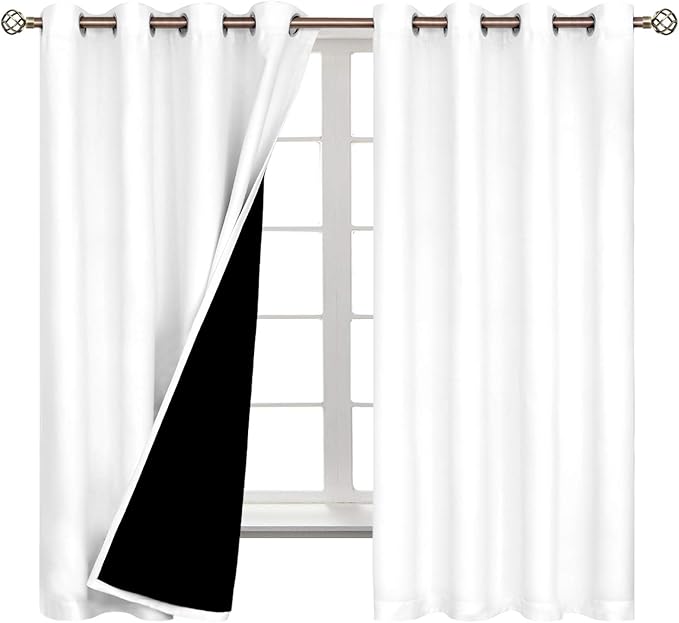 BGment Thermal Insulated 100% Blackout Curtains for Bedroom with Black Liner, Double Layer Full Room Darkening Noise Reducing Grommet Curtain (52 x 63 Inch, Pure White, 2 Panels)