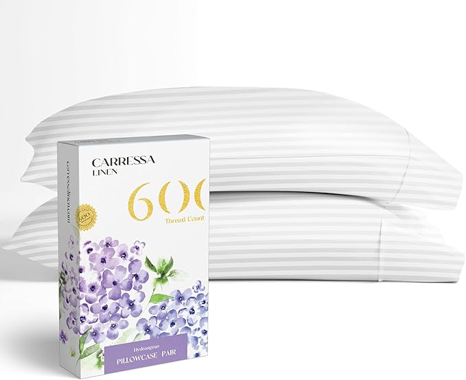 Carressa Linen 100% Egyptian Cotton Pillow Cases Queen Size Set of 2 - Luxury 600 Thread Count Stripe White Standard/Queen Size Pillowcases, Silky Soft, Cooling Hotel Quality Damask Pillow Cover
