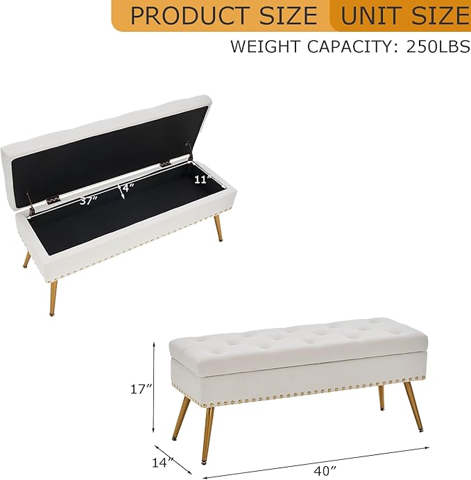 Velvet Storage Bench with Gold Legs& Nailhead Trim, 40" Wide Upholstered Modern Bedroom Bench for End of Bed, Tufted Ottoman for Entryway Living Room Dining Room (Ivory White, 40" W)