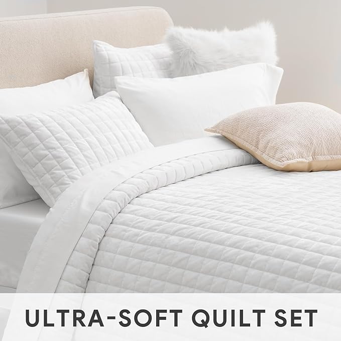 RECYCO Luxury Velvet Quilt Set Twin/Twin XL Size Bedding Sets, Ultra Soft Velvet Comforter Set, Lightweight Channel Box Stitch Oversized Bedspread Coverlet for All Season, with 1 Sham, Bright White