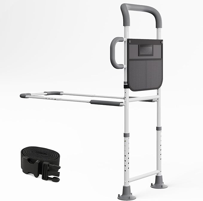 HOMEAL Bed Rails for Elderly Adults Safety - Adjustable Bed Assist Rails for Seniors, Adult Bed Guard Rail with Non-Slip Ergonomic Handle,Storage Pocket & Fixing Strap, 350 Tested(Grey, Without Light)