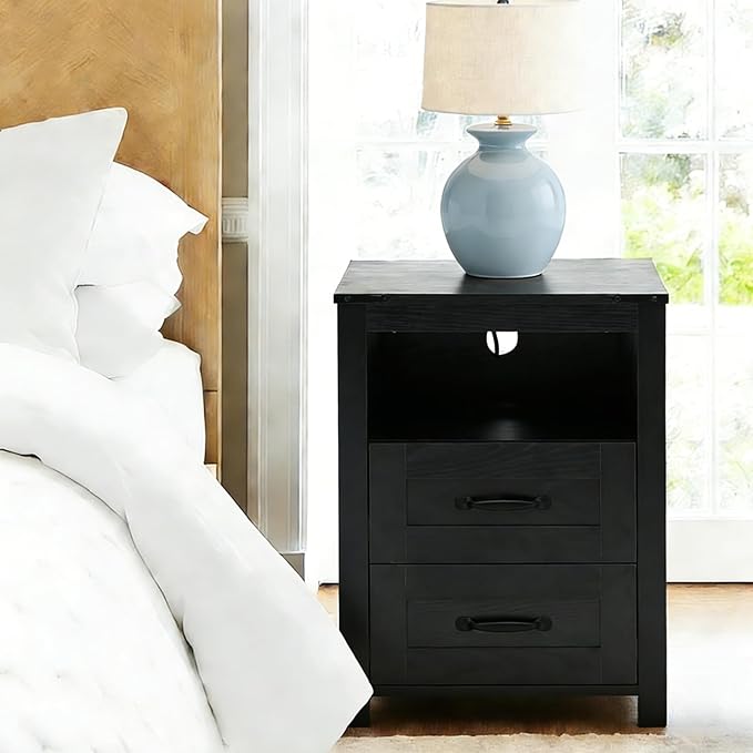 Black Rustic Night Stand Set of 2, Farmhouse End Table, Modern Bedside Table with 2 Storage Drawers and Open Shelf, Tall Nightstand for Bedroom