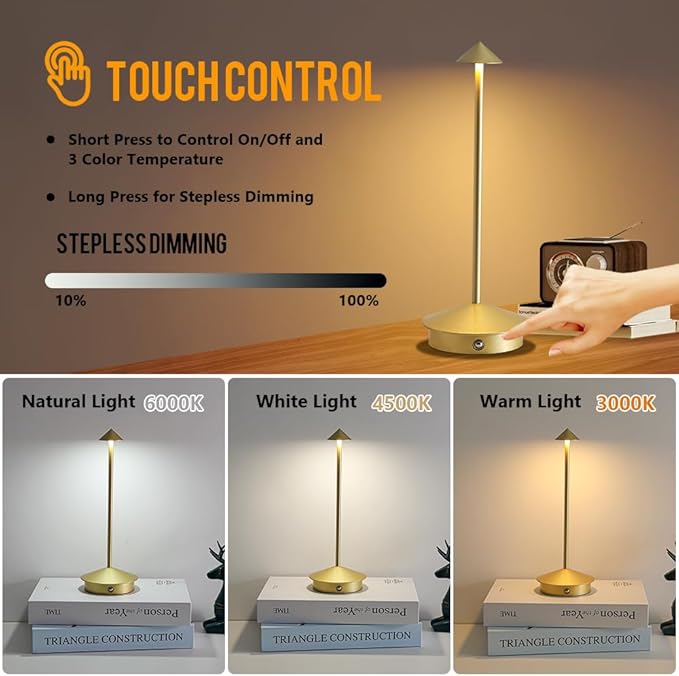 Cordless Table Lamp, 5000mAh Rechargeable Battery Powered LED Desk Lamp, Portable Touch Control Outdoor Table Lamps,3 Color Dimmable Light for Restaurant, Patio, Bedroom, Night Lamp (Gold)