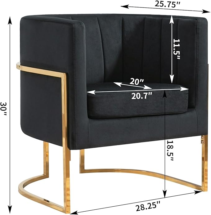Velvet Modern Accent Chair, Upholstered Barrel Armchair Mid Century with Pillow for Living Room, Comfy Single Vanity Chair with Metal Gold Legs for Bedroom, Black