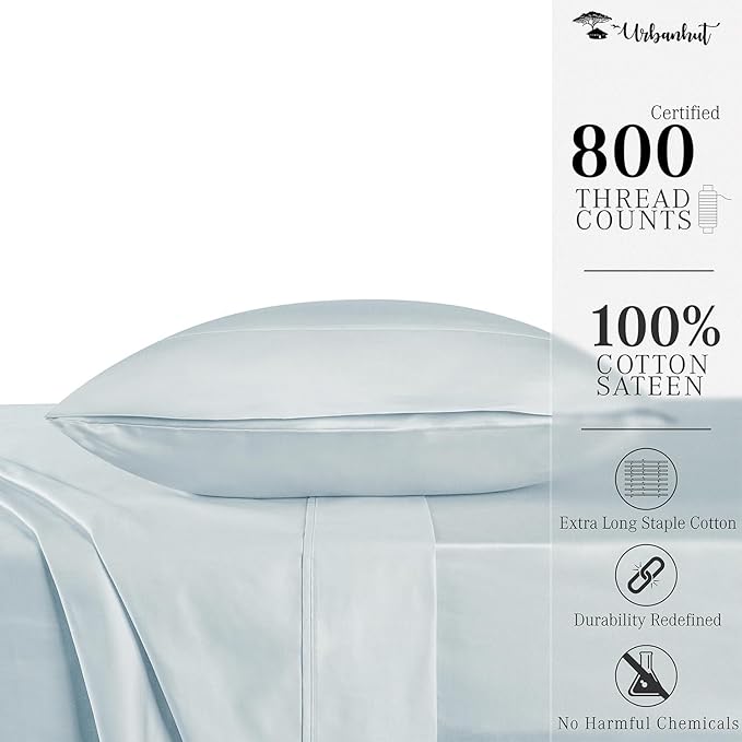 URBANHUT 800 Thread Count 100% Cotton Twin Size Sheets, Luxury 4 Piece Twin Bedsheets, Hotel Sheets Sateen Finish - Better Than Egyptian, 14" Elasticized Deep Pocket - Light Blue