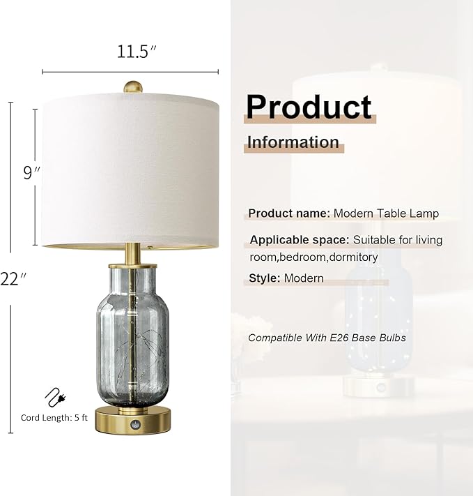 Oneach 22" Glass Table Lamps Set of 2, Gray Modern Bedside Lamp with LED Night Light for Living Room, Nightstand Lamp with USB Ports for Bedrooms, Study Room, End Table(2 Bulbs Included)