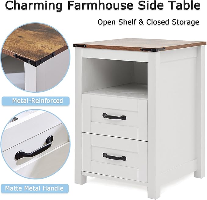 White Rustic Night Stand, Farmhouse End Table, Modern Bedside Table with 2 Storage Drawers and Open Shelf, Tall Nightstand for Bedroom