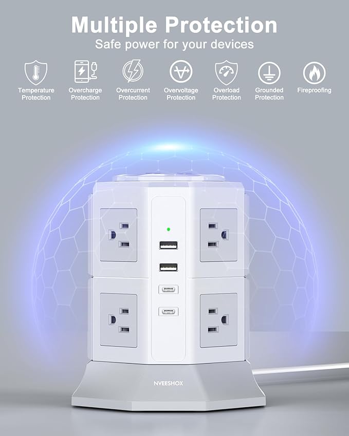 Tower Surge Protector Power Strip Flat Plugs with 8 Outlets 4 USB Ports (2 Type C), 6.5 FT Flat Extension Cord with Multiple Outlets, Charging Station with Surge Protection for Home Office Dorm