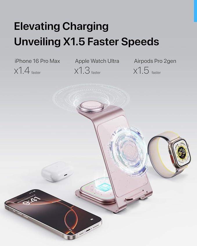Intoval Aluminum 3 in 1 Wireless Charging Station for iPhone 17 16 15 14 13 12 11 Pro Max XR, Wireless Charger for Apple Watch 11 10 9 8 7 Ultra SE 3 2, Phone Charger for AirPods 4 Pro 2 3 (Pink)