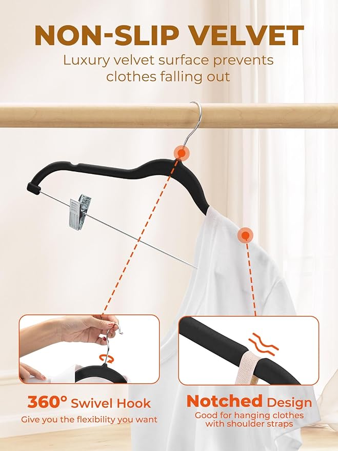 HOUSE DAY Velvet Skirt Hangers 36 Pack, Black Velvet Pant Hangers with Adjustable Clips, Space Saving Slim Shorts Hanger, Heavy Duty Non Slip Clip Hanger for Pants, Skirts, Shorts