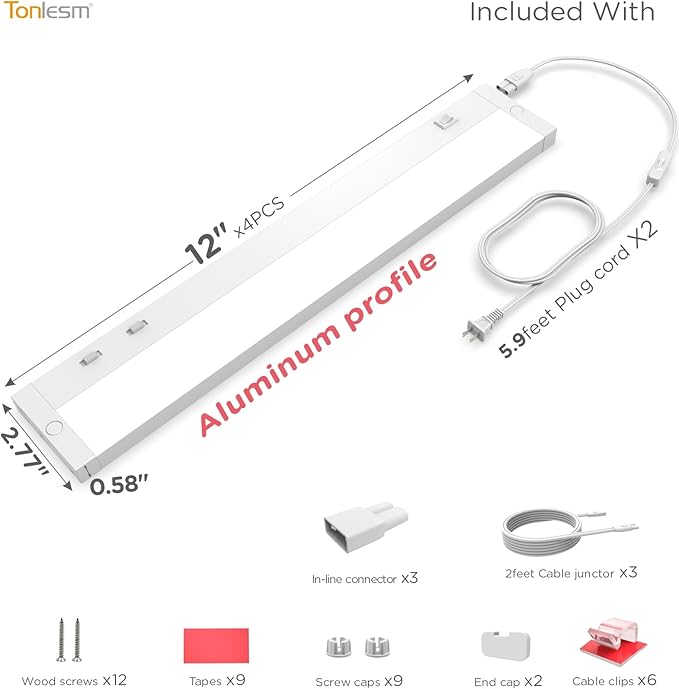 12 Inch Under Cabinet Lighting Plug in, 7W 120V 3 Color 3000K/4000K/5000K, 3 Brightness, Super Bright, Ultra Thin Under Counter Lights for Kitchen, Linkable LED Cabinet Light, White 4Pack