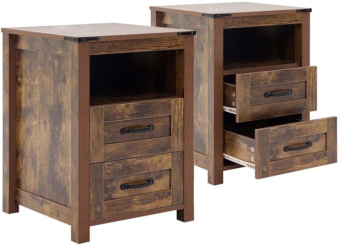 Brown Rustic Night Stand Set of 2, Farmhouse End Table, Modern Bedside Table with 2 Storage Drawers and Open Shelf, Tall Nightstand for Bedroom