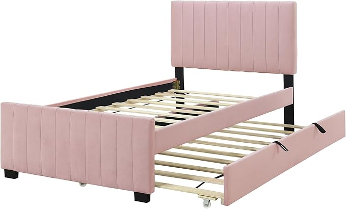 Twin Size Bed Frame with Trundle Bed,Velvet Upholstered Bed Frame,Twin Size Trundle Bed with Headboard,Upholstered Platform Bed Twin for Kids Teens Adults(Pink)