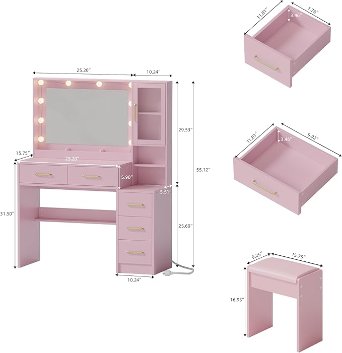 Makeup Vanity with Lights & Charging Station, Pink Vanity Table with 5 Drawers & Open Storage Shelves, Vanity Desk with Mirror & Lights, Dressing Table Set, Bedroom Makeup Table Set Gold Handle