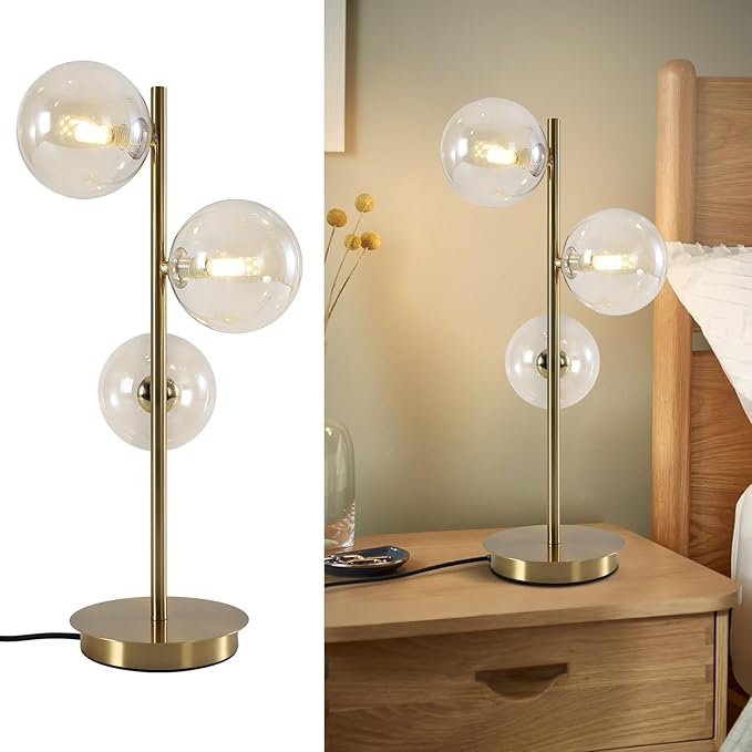 Gold Globe Bedside Lamp, 3 Lights Mid Century Modern Table Lamp, Contemporary Cognac Glass Globe Readin Lamp for Bedroom Living Room Study Room