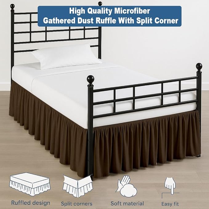 Ruffled Bed Skirt Split Corners with Platform, Tailored Fit Hotel Quality Wrinkle Free Ultra-Soft Microfiber Dust Ruffle, Upto 16 Inch Drop, Twin, Chocolate