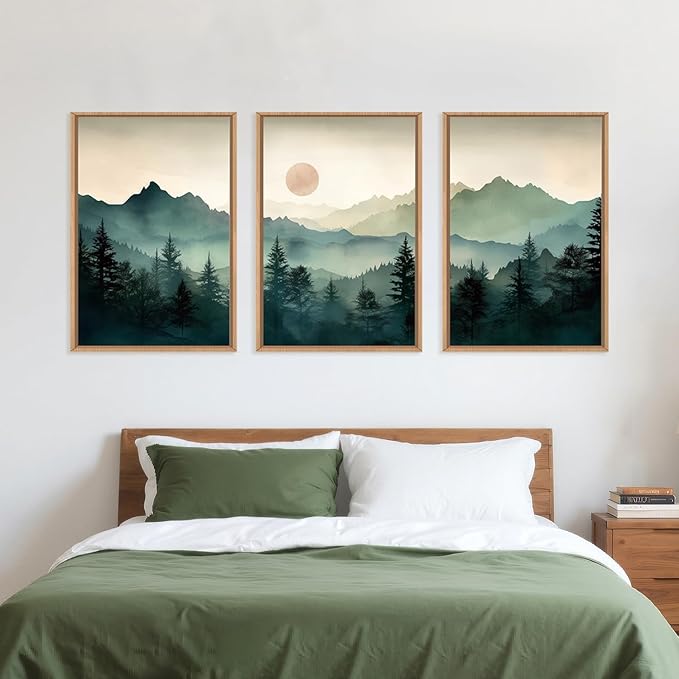 LHIUEM Large Boho Mountain Framed Wall Art Set,Green Foggy Forest Wall Painting,Abstract Nature Sunrise Artwork,Watercolor Pine Tree Wall Decor for Living Room,Bedroom,Office-16''x24''x3