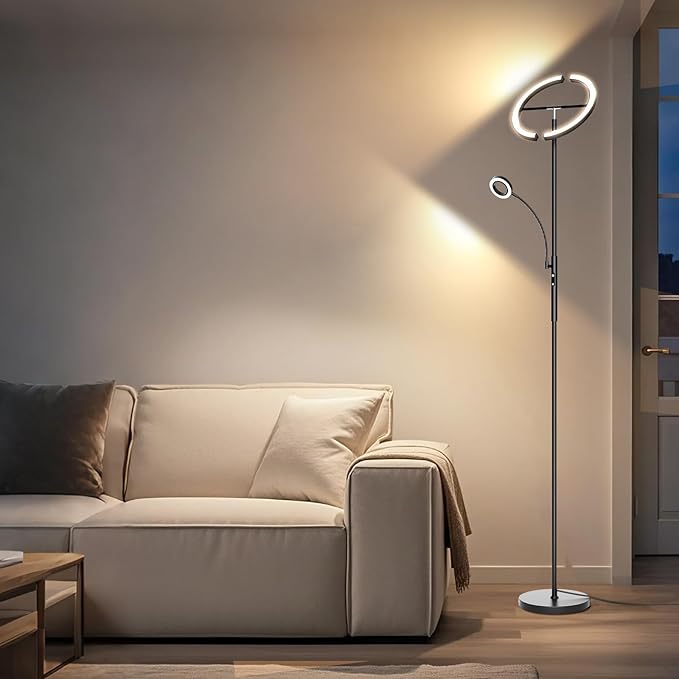 LED Floor Lamp for Living Room - Modern Standing Lamp with Reading Light, Remote Touch Control Floor Light Dimmable Mother-Daughter Tall Bedroom Lamp for Couch Office, 29W, Black